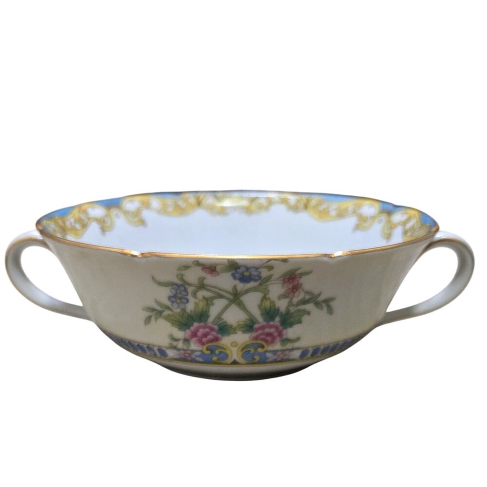 Noritake Vintage Double-Handled Porcelain Soup Bowl Floral Pattern Gold Trim